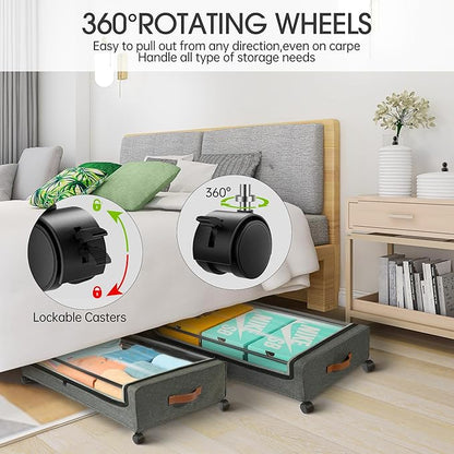 Yecaye Under Bed Storage with Wheels, 4 Pack Under Bed Rolling Storage with Clear Window & Label, 60 L Underbed Storage Containers, Rolling Under Bed Metal Drawer for Clothes, Shoes, Books