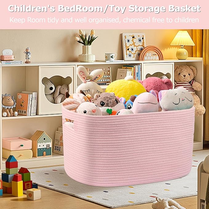 75L Large Woven Storage Basket, Pink Cotton Rope Laundry Hamper with Handles, 22”x17”x12” Rectangle Blanket Basket for Toys, Clothes, Pillows, Nursery and Living Room,Shelf Basket
