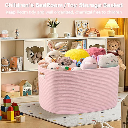 75L Large Woven Storage Basket, Pink Cotton Rope Laundry Hamper with Handles, 22”x17”x12” Rectangle Blanket Basket for Toys, Clothes, Pillows, Nursery and Living Room,Shelf Basket