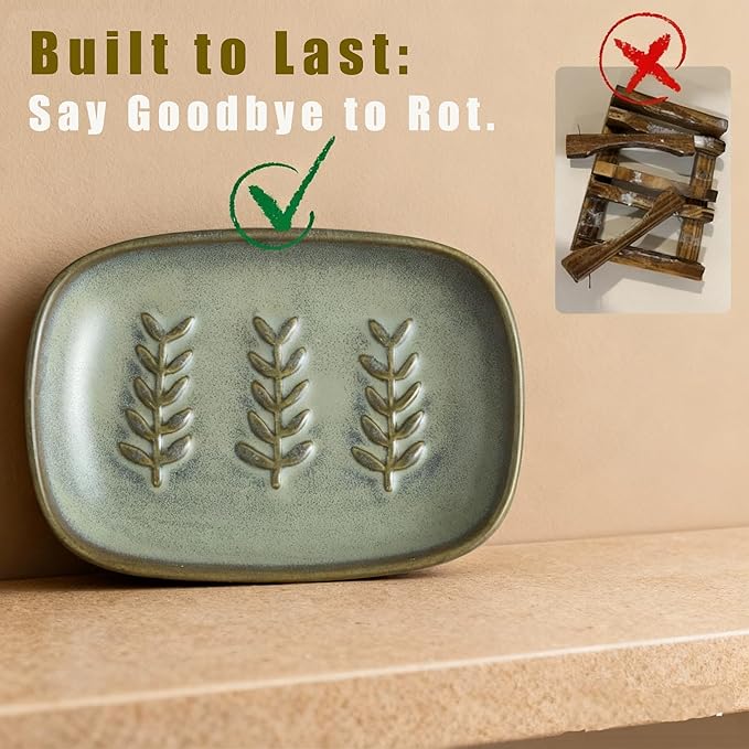 Miamolo Ceramic Soap Dish Bar Soap Holder for Shower, Soap Dishes for Bar Soap Sponge, Shower Soap Saver Tray for Bathtub Bathroom Kitchen Sink, Housewarming Gift, Pro-Environment, Dark Green