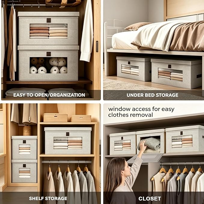 35L Large Closet Organizers and Storage Bins 2-Pack, Collapsible Fabric Storage Boxes with Lids and Handles, Front Opening Wardrobe Container with Clear Window for Clothes, Blankets, Living Room, Dorm