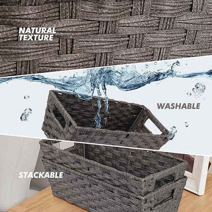 Onlytak Plastic Wicker Storage Baskets - Toilet Tank & Bathroom Baskets, Woven for Organizing & Decor, Dark Grey, 15¾" x 6¾" x 4¾", 2-Pack