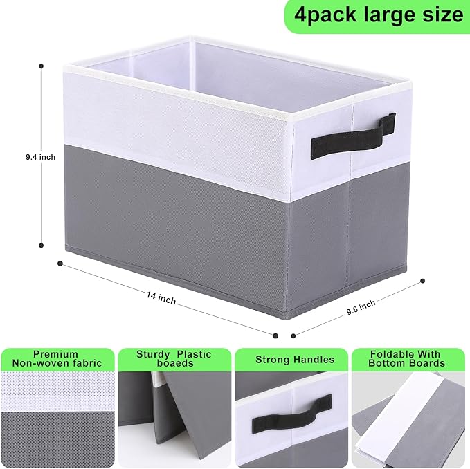 Large Shelf Storage Bins [4 Pack],Decorative Collapsible Storage Basket,Fabric Closet Organizer and Home Storage Cubes with Handles for Organizing Books, Clothes, Toys, Nursery（Grey）