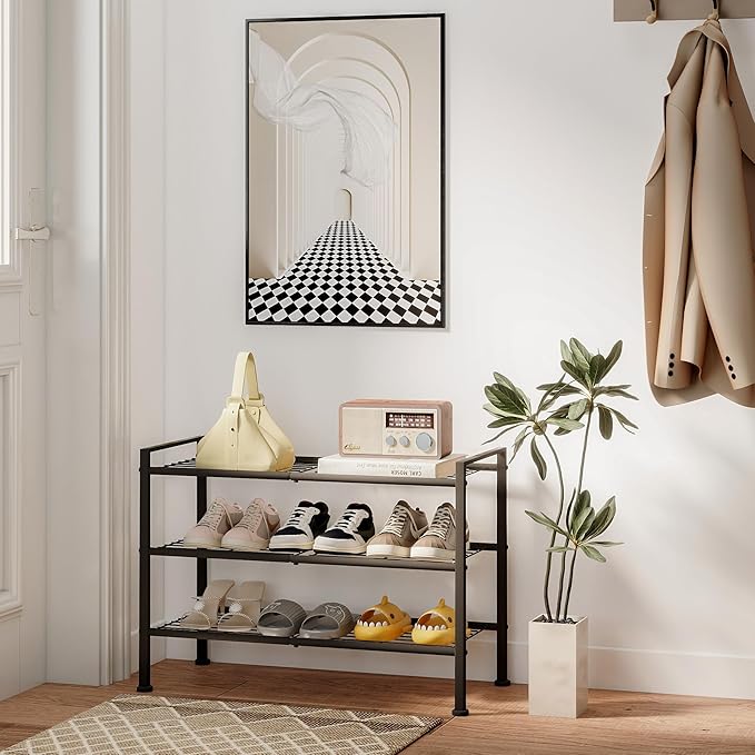 3-Tier Shoe Rack, 26.5" Wide Metal Storage Organizer for Closet Entryway,Holds up to 9 Pairs Shoes, Heavy-Duty Stand for Shoes, Books, or Plants (Black)