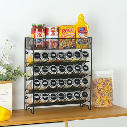 Skiileor Spice Rack Organizer with 28 Empty Spice Jars,Spice Labels,Chalk pen and Funnel Complete Set,Space-Saving for Countertop, Cabinet or Wall Mount
