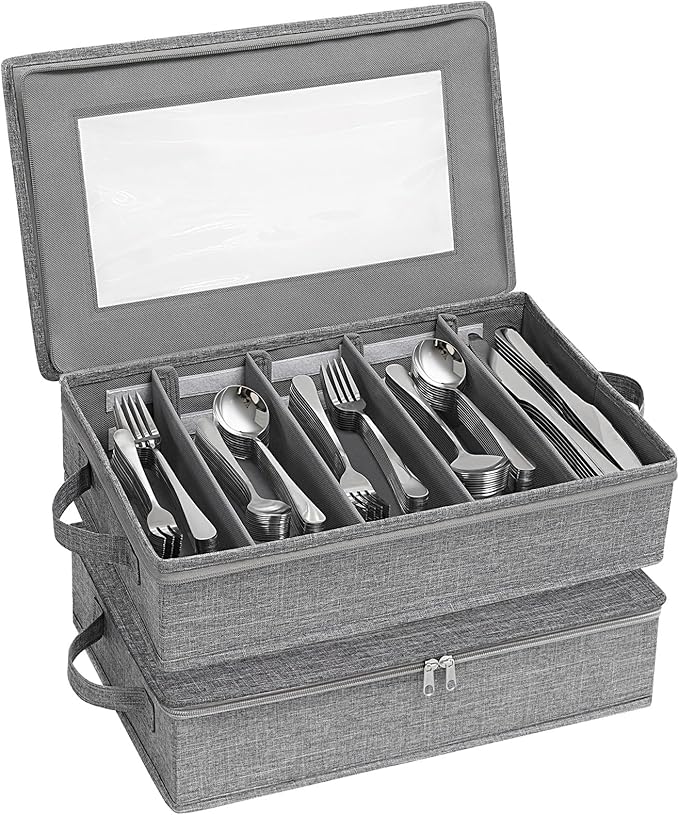 Lifewit Silverware Storage Box, Covered Flatware Organizer with Zipper Lid, 5 Compartment Cutlery Case with Adjustable Divider and Handle, Utensil Container for Spoon Fork Knives, 2 Pack, 27 -43cm