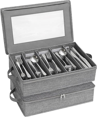 Lifewit Silverware Storage Box, Covered Flatware Organizer with Zipper Lid, 5 Compartment Cutlery Case with Adjustable Divider and Handle, Utensil Container for Spoon Fork Knives, 2 Pack, 27 -43cm