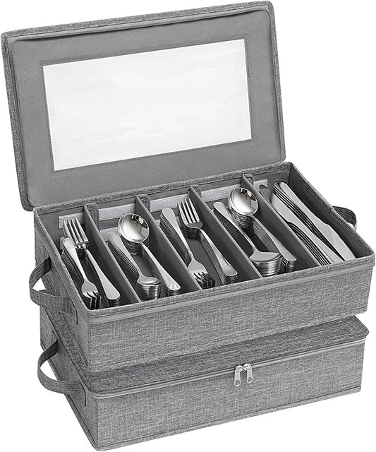 Lifewit Silverware Storage Box, Covered Flatware Organizer with Zipper Lid, 5 Compartment Cutlery Case with Adjustable Divider and Handle, Utensil Container for Spoon Fork Knives, 2 Pack, 27 -43cm
