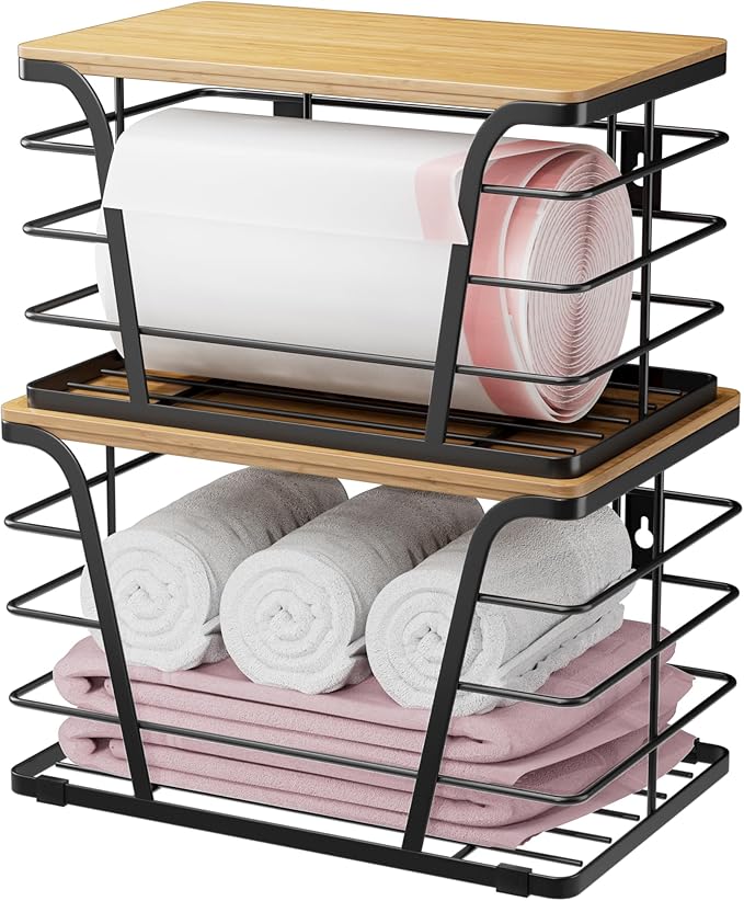 TIDIIABODE 2 Pack Extra Large Pantry Storage Organizers, Pantry Baskets organization, Potato and Onion Storage Bin, Wall Mount Trash Bag Storage for 13-33 Gallon Bags with Bamboo Top, Black