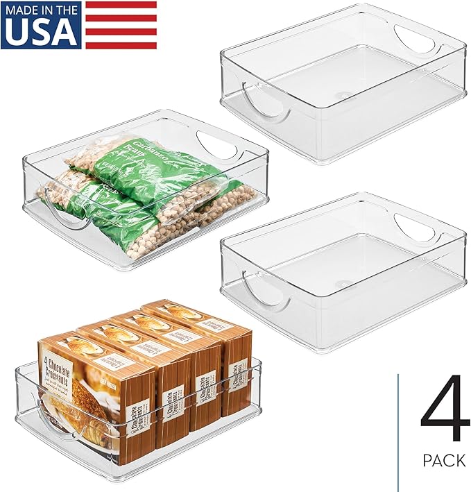 iDesign Plastic Stackable Pantry Bin - Storage Bin with Handles for Cabinets or Fridge - Set of 4 - Clear