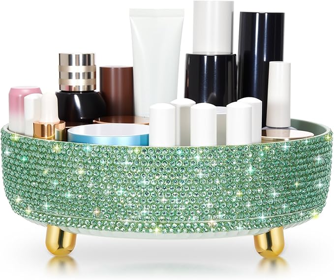 Honeydak Green Bling Perfume Makeup Organizer Bling Mother's Day Nurses Day Gifts for Women Bathroom Organizers and Storage 360 Rotating Makeup Organizer for Countertop(Resin Stone)