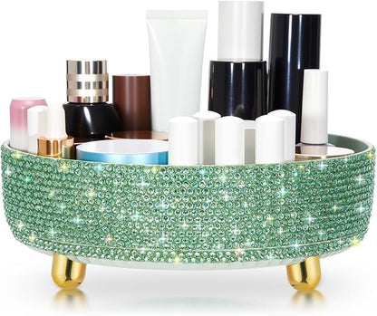 Honeydak Green Bling Perfume Makeup Organizer Bling Mother's Day Nurses Day Gifts for Women Bathroom Organizers and Storage 360 Rotating Makeup Organizer for Countertop(Resin Stone)