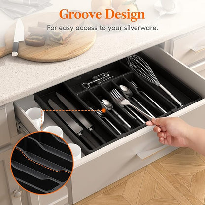 Lifewit Silverware Drawer Organizer, Expandable Utensil Tray for Kitchen, BPA Free Flatware and Cutlery Holder, Adjustable Plastic Storage for Spoons Forks Knives, 33 -57 x 42cm, Black