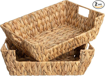 StorageWorks Water Hyacinth Baskets for Organizing with Built-in Handles, Stackable Wicker Pantry Baskets for Shelf, Pantry Organizers and Storage for Shelves,2-Pack