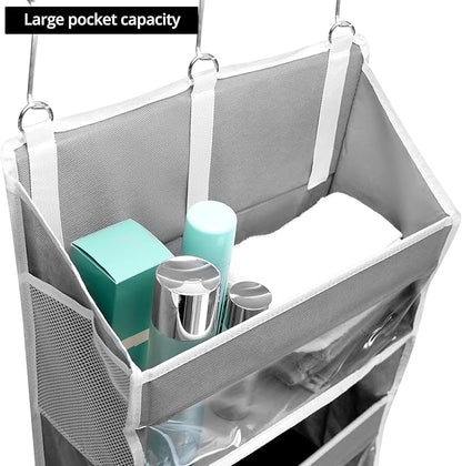 QWORK Over Door Organizer with 5 Large Pockets, 10 Mesh Side Pockets, Door Hanging Organizer for Diapers, Towels, 44lbs Weight Capacity, Grey