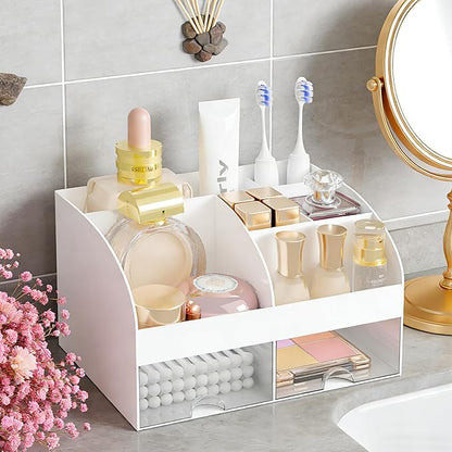 Makeup Organizer with 2 Drawers, Cosmetic Storage for Dresser Vanity and Bathroom Countertop,Make up organization and Skincare Storage with Beauty Brush Holder, Cosmetic Display Case (White)