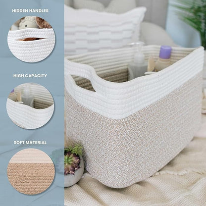 Light Honey Cotton Rope Basket for Shelf Storage - 15"×10"×9½" - Woven Decorative Basket for Organizing - Closet, Nursery, Bedroom - Toys, Books, Towels, Clothes