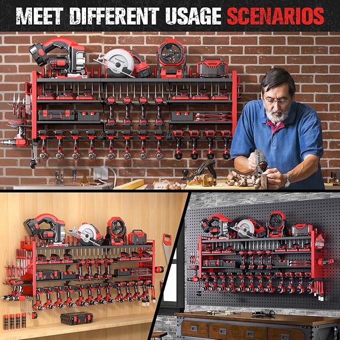 49.8" W Super Large Power Tool Organizer Wall Mount,4-Layer Heavy Duty Tool Storage with 18 Cordless Drill Holder,600 lb Capacity Garage Organization for Garage and Workshop (Red)
