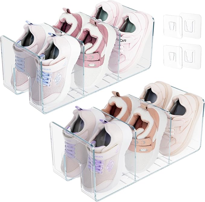 Acrylic Kids Shoe Rack Organizer 3-Section, Toddler Shoe Organizer for Closet, 2 Pack Baby Shoe Storage Shelf, Purse Rack Organizer