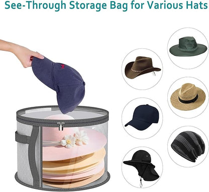 Adorila Clear Hat Storage Bag with Carrying Handles - 16.5" Large Closet Organizer for Baseball Caps, Cowboy Fedoras or Sun Hats (Grey)