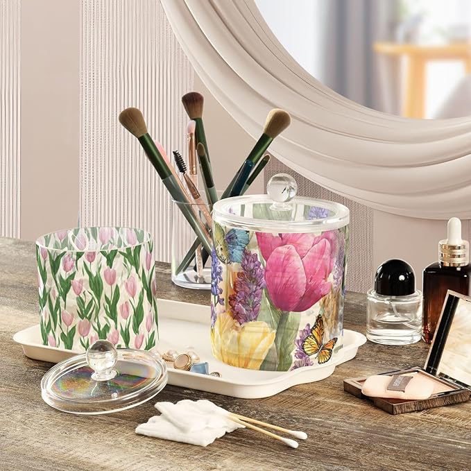 2 Pack Qtip Dispenser Apothecary Jars with Lids Cotton Round Holder Bathroom Canisters for Cotton Swab Floss Ball Pads Clear Plastic Decorative Tulips Lavenders Purple Butterfly