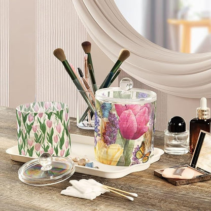 2 Pack Qtip Dispenser Apothecary Jars with Lids Cotton Round Holder Bathroom Canisters for Cotton Swab Floss Ball Pads Clear Plastic Decorative Tulips Lavenders Purple Butterfly