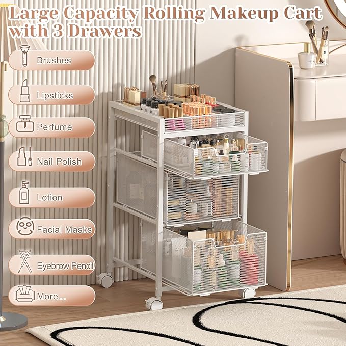 JKsmart Rolling Makeup Cart Organizer with 3 Drawers, Cosmetics Display with Dividers, Floor Skincare Storage with Wheels, Versatile Vanity Organizer for Nail Polish Perfume Brush Hair Tool, White