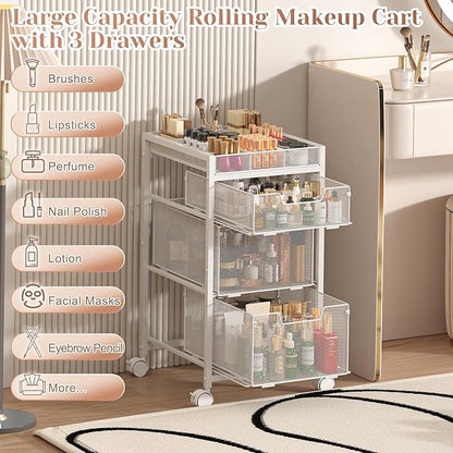 JKsmart Rolling Makeup Cart Organizer with 3 Drawers, Cosmetics Display with Dividers, Floor Skincare Storage with Wheels, Versatile Vanity Organizer for Nail Polish Perfume Brush Hair Tool, White