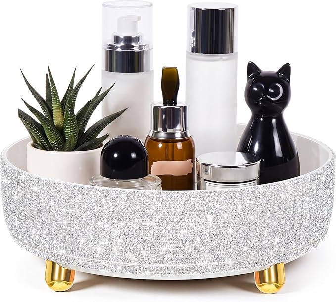 Honeydak Bling Perfume Makeup Organizer Bling Valentine's Day Mother's Day Gifts for Women Bathroom Organizers and Storage 360 Rotating Makeup Organizer for Countertop (White,Rhinestone)