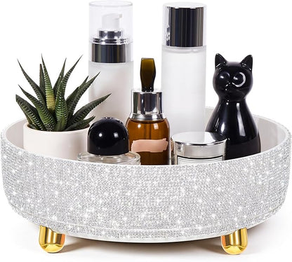 Honeydak Bling Perfume Makeup Organizer Bling Valentine's Day Mother's Day Gifts for Women Bathroom Organizers and Storage 360 Rotating Makeup Organizer for Countertop (White,Rhinestone)