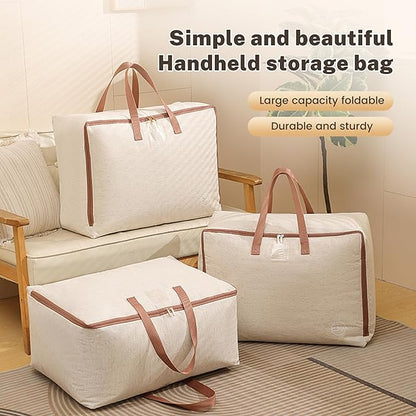 50L Storage Bag for Clothes, Comforters, Blankets, Bedding, Pillows, Stuffed Toys, Jackets with Sturdy Handles, Clear Label Tag, Zippered, for use at Home, Travel or Move, 20x15x10 (Beige, Medium)