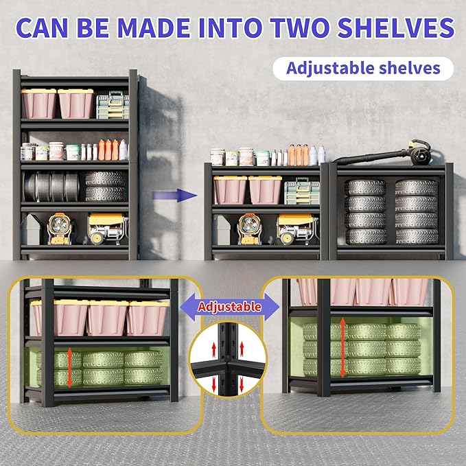 2 Sets Metal Garage Shelving Unit,78"H Heavy Duty 5-Tier Adjustable Storage Rack,16"D x 40"W x 78"H Steel Shelving,3000 lbs Industrial Shelves for Heavy Tools and Equipment,Ideal for Garage, Basement