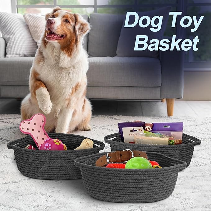 MEGASKET Small Rope Basket, Baskets for Gifts Empty, Cute Woven Basket for Dog Toy, Cat Toy Bin Box, Wicker Organizing Basket for Book, Baby Diaper, Towels, Snack, 13” x 9” x 5”, Dark Gray