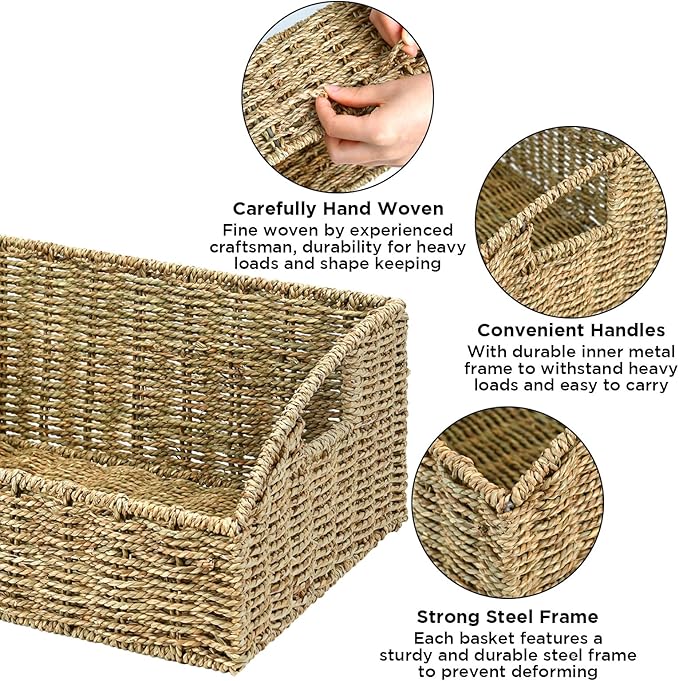 Rattan Storage Baskets, Handwoven Wicker Storage Bins with Built-in Handles, Storage Container Baskets for Shelves, Bedroom, Bathroom, Laundry Room or Kitchen(Green)
