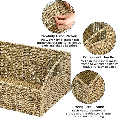 Rattan Storage Baskets, Handwoven Wicker Storage Bins with Built-in Handles, Storage Container Baskets for Shelves, Bedroom, Bathroom, Laundry Room or Kitchen(Green)