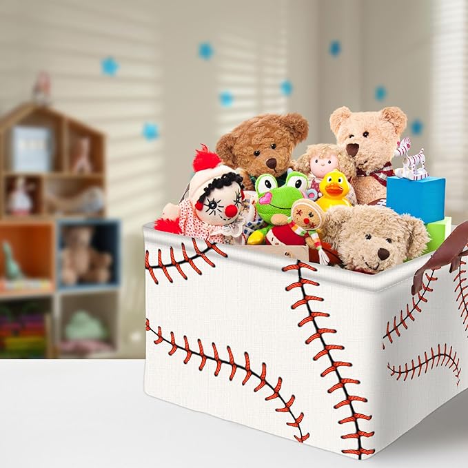 Baseball Decor Storage Basket Waterproof Canvas Toy Storage Bin Baseball Room Decor Collapsible Outdoor Basket with Leather Handles Blanket Baskets For Closets,Bedrooms,Gifts Baskets