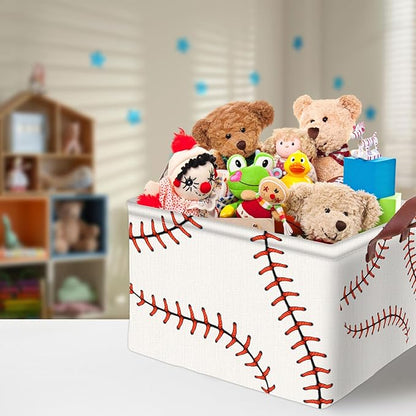 Baseball Decor Storage Basket Waterproof Canvas Toy Storage Bin Baseball Room Decor Collapsible Outdoor Basket with Leather Handles Blanket Baskets For Closets,Bedrooms,Gifts Baskets