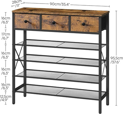 YATINEY 5-Tier Shoe Rack with 3 Drawers, Metal Shoe Organizer for 20 Pairs with Storage Shelves and Wooden Top, for Entryway, Hallway, Foyer, Closet, Rustic Brown and Black SS35BR