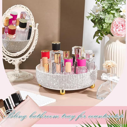 Honeydak Bling Perfume Makeup Organizer Bling Valentine's Day Mother's Day Gifts for Women Bathroom Organizers and Storage 360 Rotating Makeup Organizer for Countertop (White,Rhinestone)