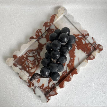 Natural Scalloped Marble Rectangular Tray, 10.8"x8", Decorative for Bathroom, Kitchen, Dresser (Calacatta Red)