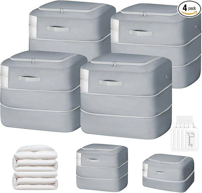 Comforter Storage Bag - 110L Large Capacity Blanket Storage Bags 2-Layer Ultra Space Saving Self Compression Organizer, Washable Compression Bags for Storage Comforter Blanket, 4-Pack, Grey