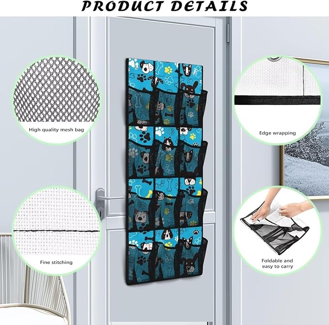 Generic Blue Dog Bed Organizer Hanging Pocket Strong Door Storage Organizer Heavy Duty Over Door Storage Organizer with Waterproof Pockets for Room Behind the Door