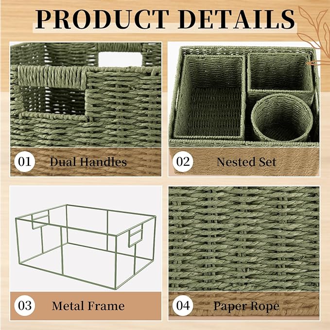 OIAHOMY Wicker Baskets for Organizing, Large and Small Shelf Baskets Set, Handwoven Bins for Storage,Paper Rope Home Organizers, Set of 4-Green