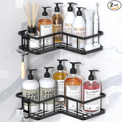 YASONIC Corner Shower Caddy 2 Pack, No Drill Adhesive Shower Storage Shelves, Rustproof Stainless Steel Wall Mounted Bathroom Organizer Shelf with 2 Removable Hooks for Dorm & Renters, Black