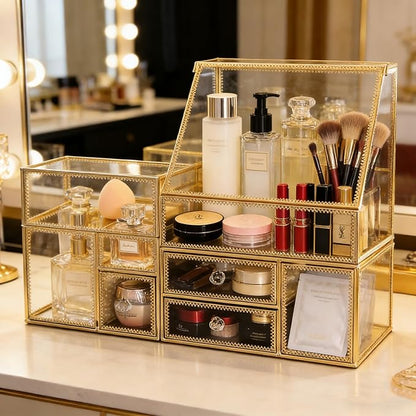 Tempered Glass Makeup Organizer with Gold Heart Shaped Metal Frame, Large Cosmetic Storage Drawer Cabinet, Dustproof Vanity Display Case for Lipstick Makeup Brush Skincare