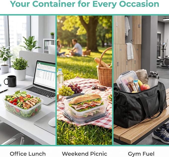 YORY 7 cup Plastic Food Storage Containers with Lids Nestable Freezer Dishwasher Safe Rectangle Meal Prep Container Set,5-Pack