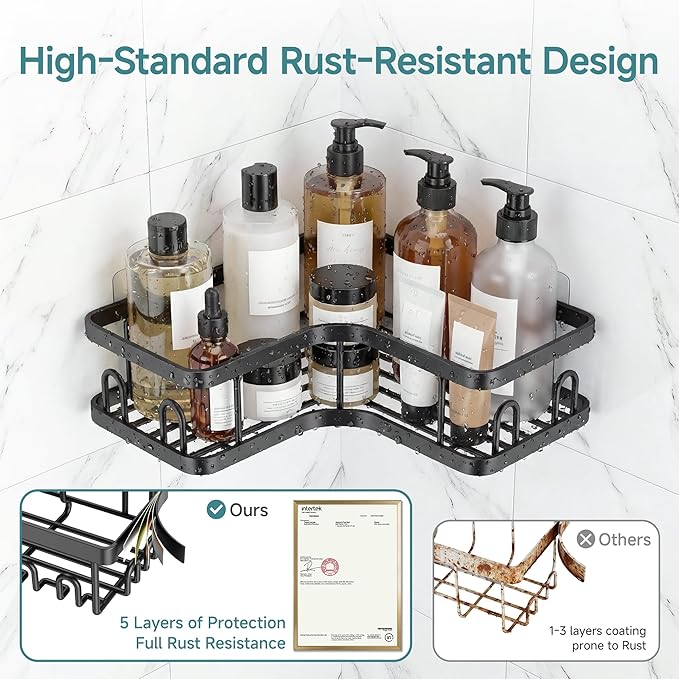 Veken Corner Shower Caddy 5-Pack, Advanced Rustproof Design, No Drilling Adhesive Shelves, Rack with Soap Holder, Large Capacity Bathroom Organizers and Storage, Wall-Mounted Kitchen&Home Decor,Black