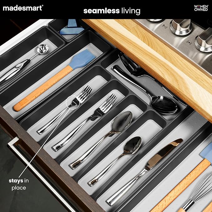 madesmart Expandable Silverware Tray, 8 Compartment Silverware Organizer for Forks, Knives & Spoons, Non Slip, Soft Grip Base, Expands to Fit Most Drawers, Carbon