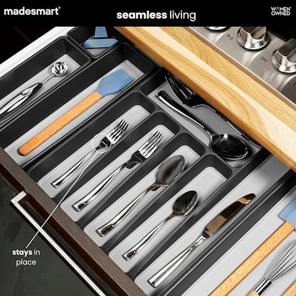 madesmart Expandable Silverware Tray, 8 Compartment Silverware Organizer for Forks, Knives & Spoons, Non Slip, Soft Grip Base, Expands to Fit Most Drawers, Carbon