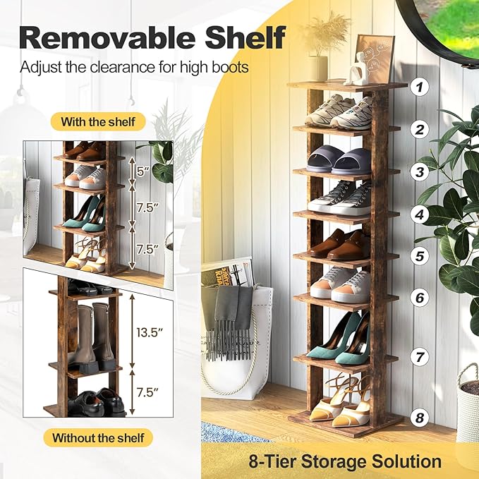 BETTARY 8 Tier Vertical Shoe Rack, Narrow Wooden Corner Shoe Organizer for Small Spaces, Removable Shelves, Anti-toppling Device, Shoe Tower for Entryway, Closet, Bedroom (Rustic Brown, Single Row)